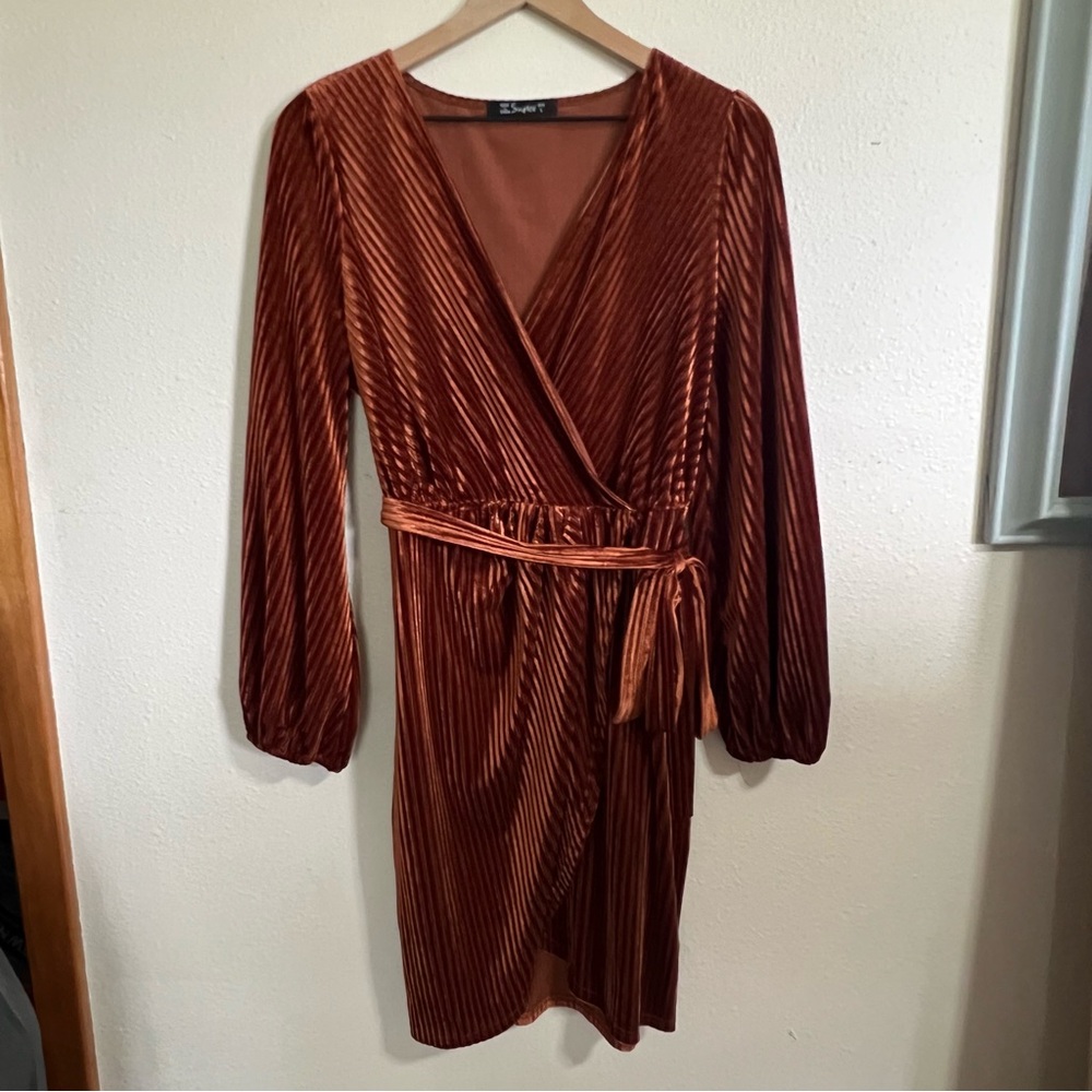 Simpler Rust Velvet Wrap Tie Dress- Size Large